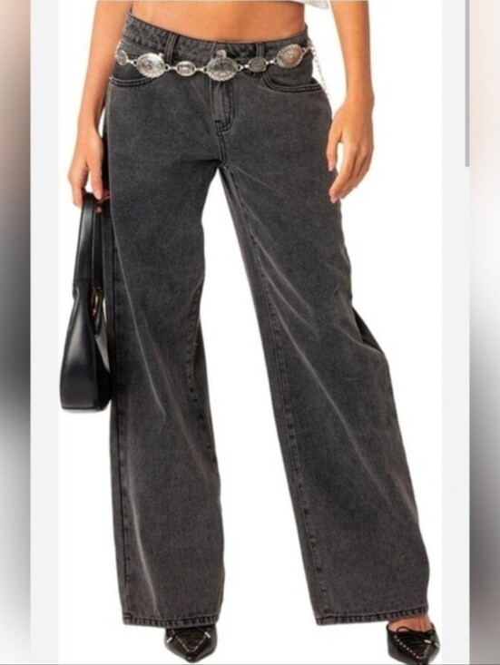 Edikted Denim - EDIKTED Low Rise Wide Leg Jeans Washed Charcoal Black Denim Size XL